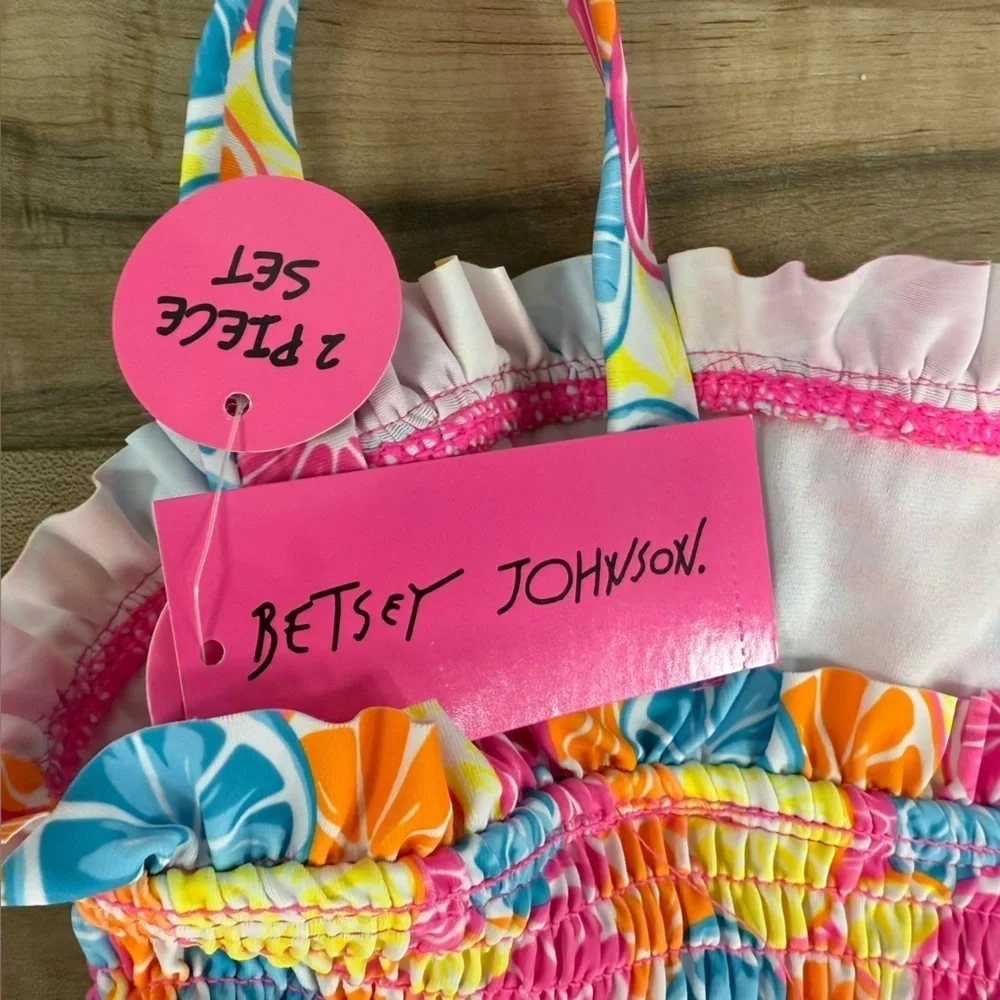 NWT Betsey Johnson Swimsuit 2 Pc Girls 14 Smocked Neon Fruit & Stripes Mix Print
